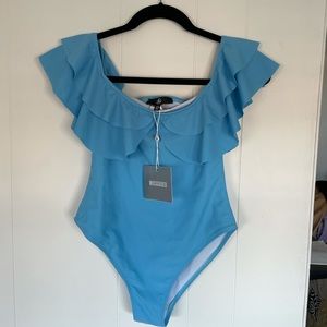 Missguided Off-Shoulder Blue Ruffle One-Piece Swim